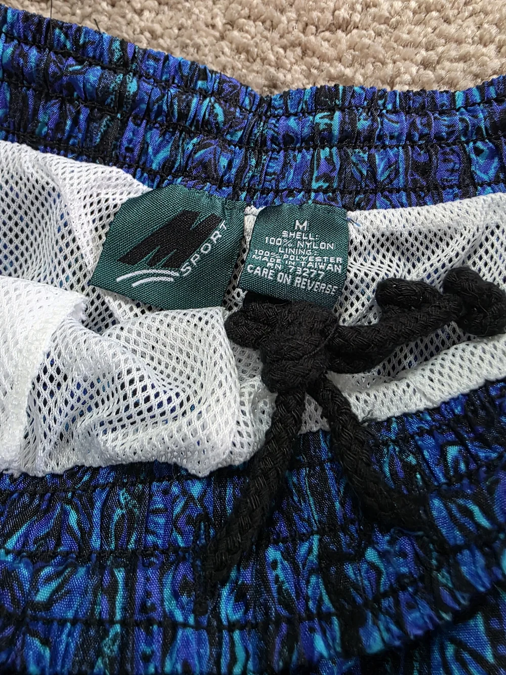 Vintage 90s Sport Swim Trunks Men's Blue Tribal Hawaiian Print Mesh Lined NWT M